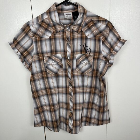 Harley Davidson Plaid Shirt Women's Medium Embroidered Western Cut Pearl Snap - Picture 1 of 8